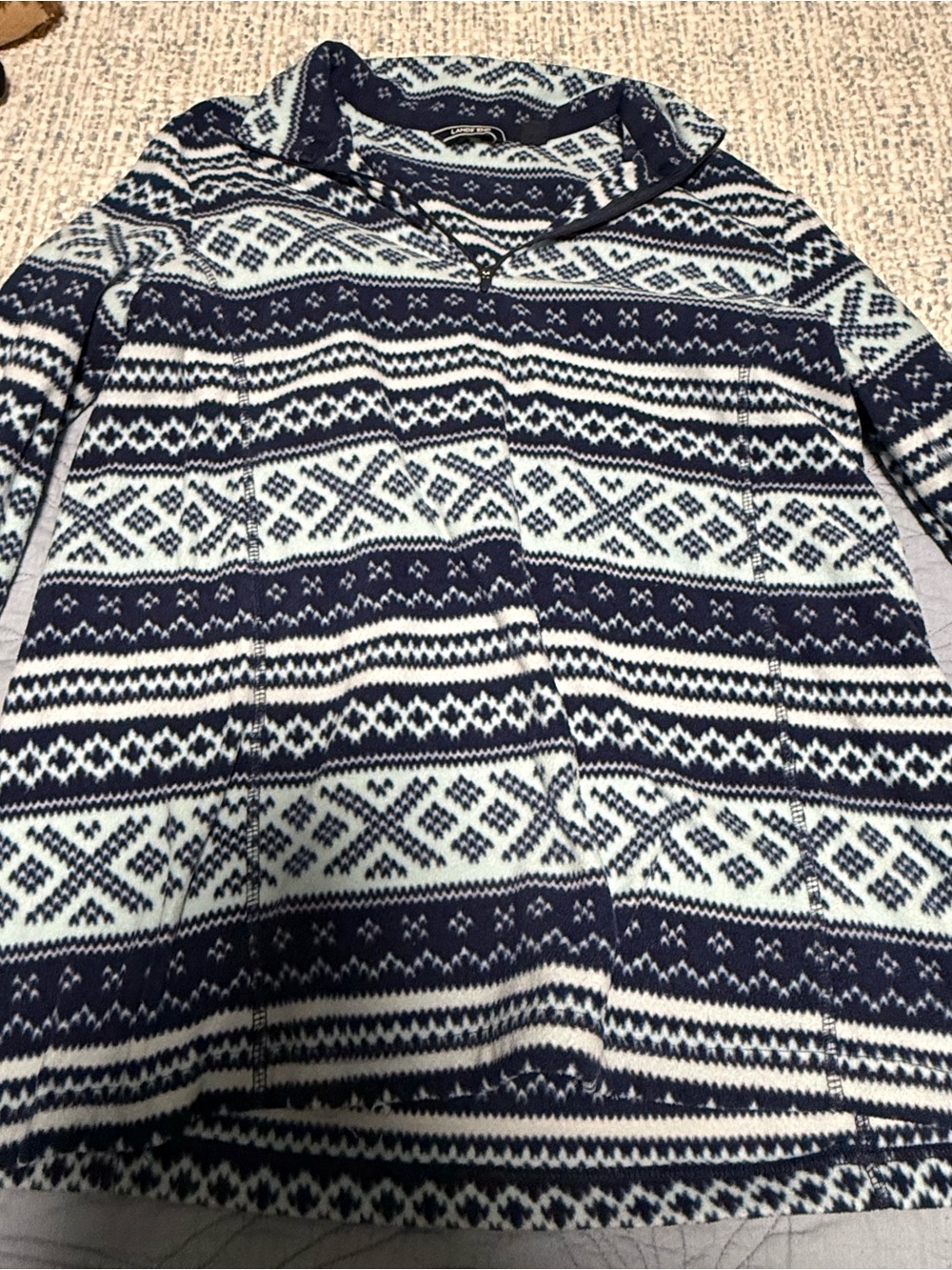 Lands' End Navy and White Patterned Half-Zip Sweater